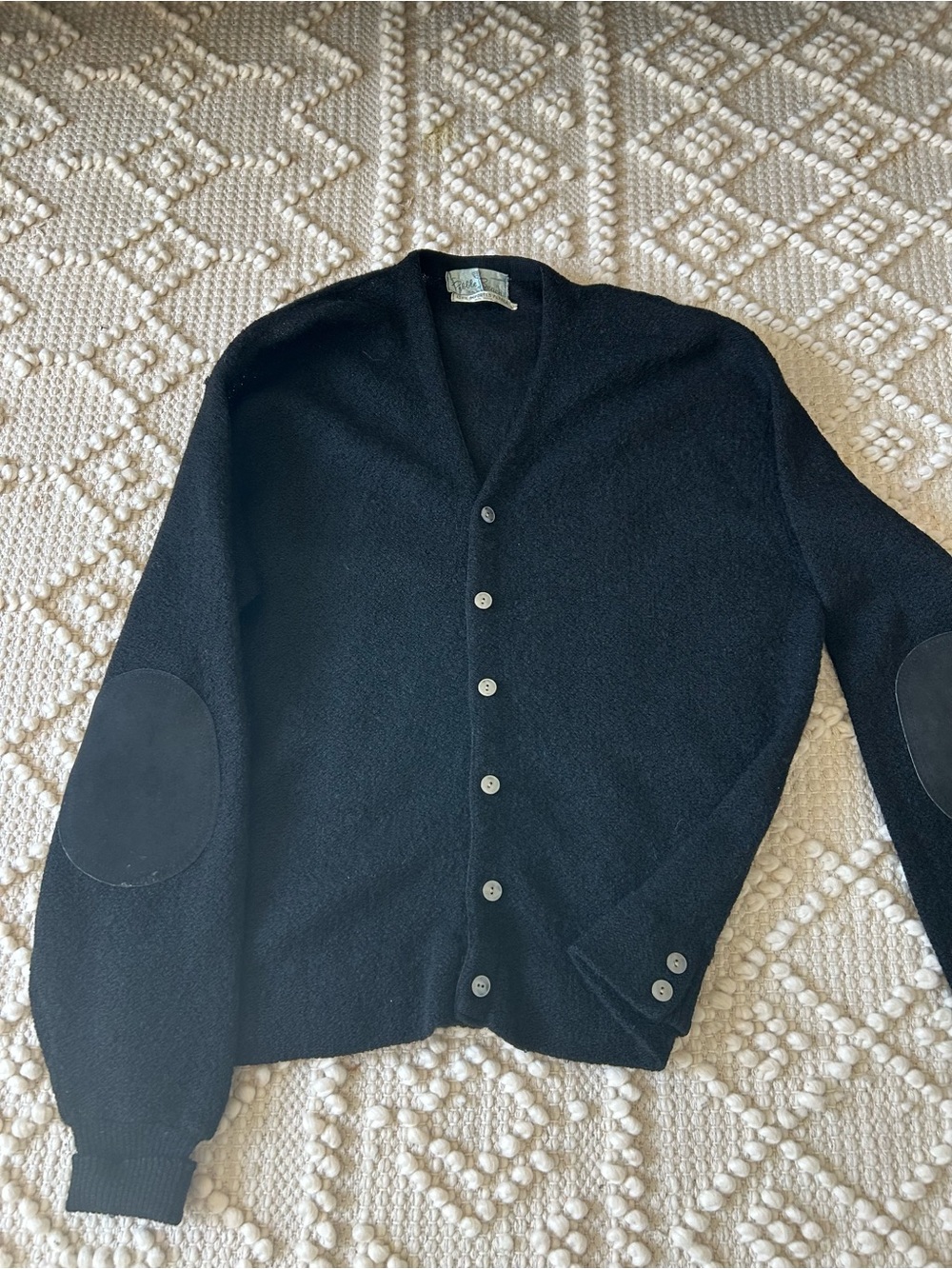 Vintage 100% Alpaca Pebble Beach Black Button-Front Cardigan with Elbow Patches